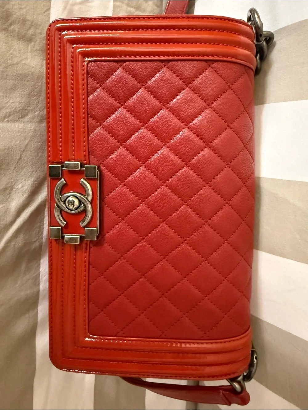 CHANEL Red Quilted Boy Bag with gray-Tone Hardware